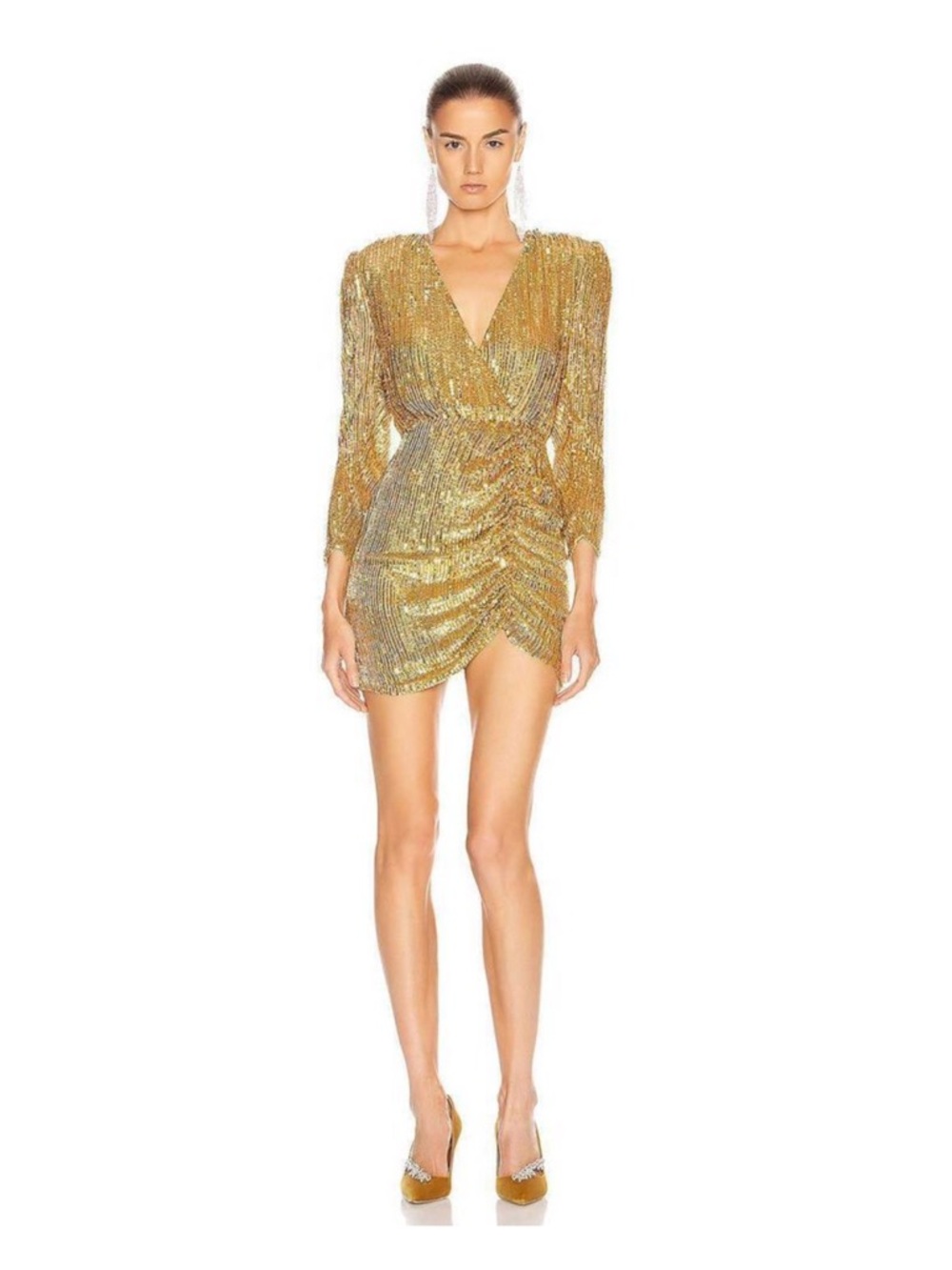 Retrofete Gold Sequin Ruched Wrap Mini Dress